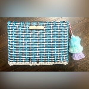 Squeeze De Citron Lemon Drop Blue & White Woven Plastic Pouch Clutch - Small